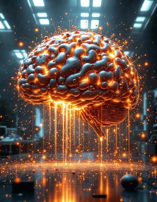 The primary subject of the image is a close-up of a brain, which is the main object of focus. The setting is a dark room with a blue background, creating a moody atmosphere. The visual style is digital art, as the brain is depicted in a stylized manner with a glowing effect. The dominant colors are blue and orange, with the blue background and the orange glowing effect on the brain.